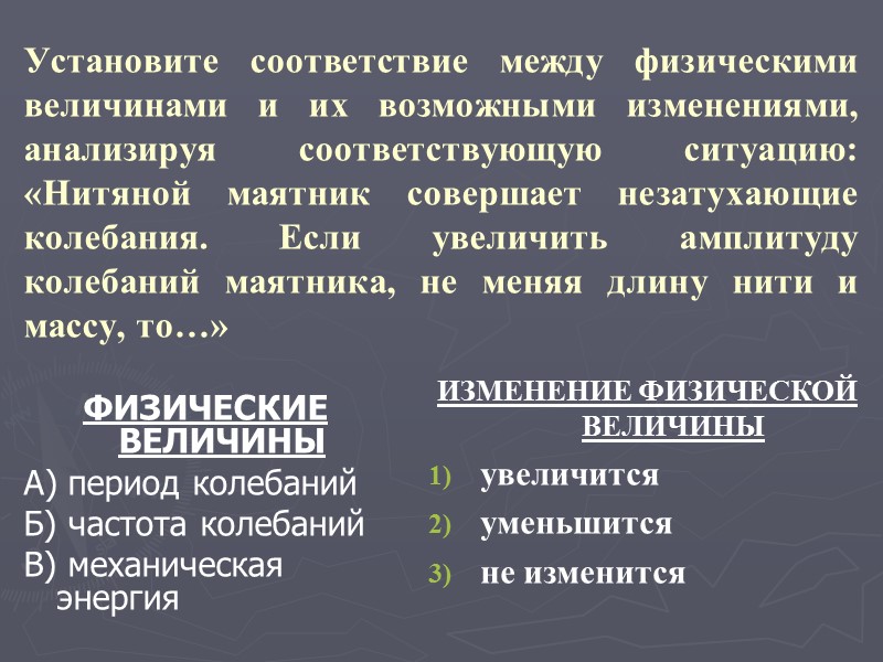 Установите соответствие между физическими величинами и их возможными изменениями, анализируя соответствующую ситуацию: «Нитяной маятник